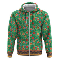 Traditional Malaysian Batik Floral Zip Hoodie with Green Tulip and Red Blossom Pattern