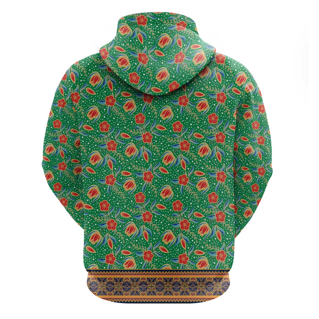 Traditional Malaysian Batik Floral Zip Hoodie with Green Tulip and Red Blossom Pattern