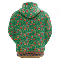 Traditional Malaysian Batik Floral Zip Hoodie with Green Tulip and Red Blossom Pattern