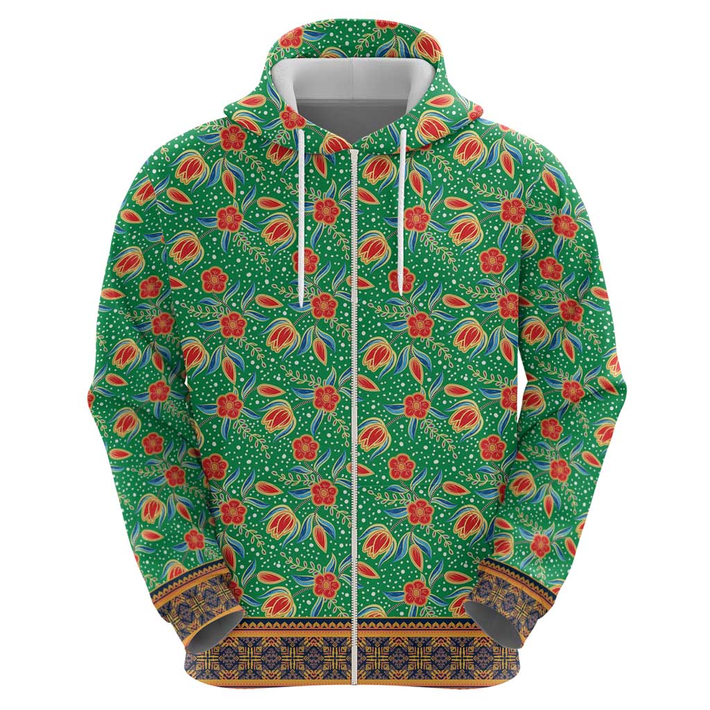 Traditional Malaysian Batik Floral Zip Hoodie with Green Tulip and Red Blossom Pattern
