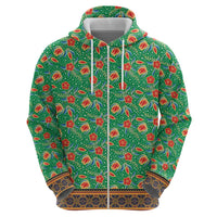 Traditional Malaysian Batik Floral Zip Hoodie with Green Tulip and Red Blossom Pattern