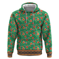 Traditional Malaysian Batik Floral Zip Hoodie with Green Tulip and Red Blossom Pattern