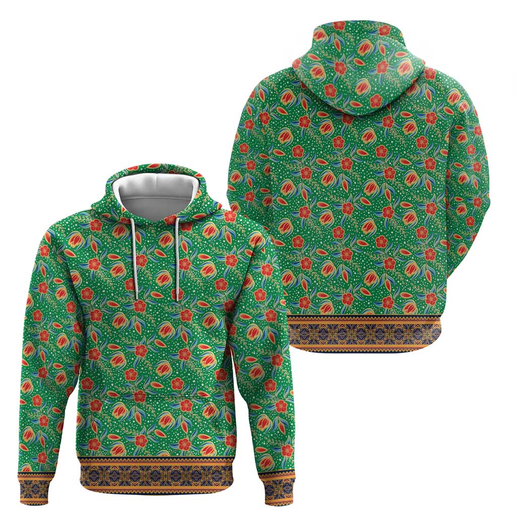 Traditional Malaysian Batik Floral Zip Hoodie with Green Tulip and Red Blossom Pattern