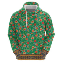 Traditional Malaysian Batik Floral Zip Hoodie with Green Tulip and Red Blossom Pattern