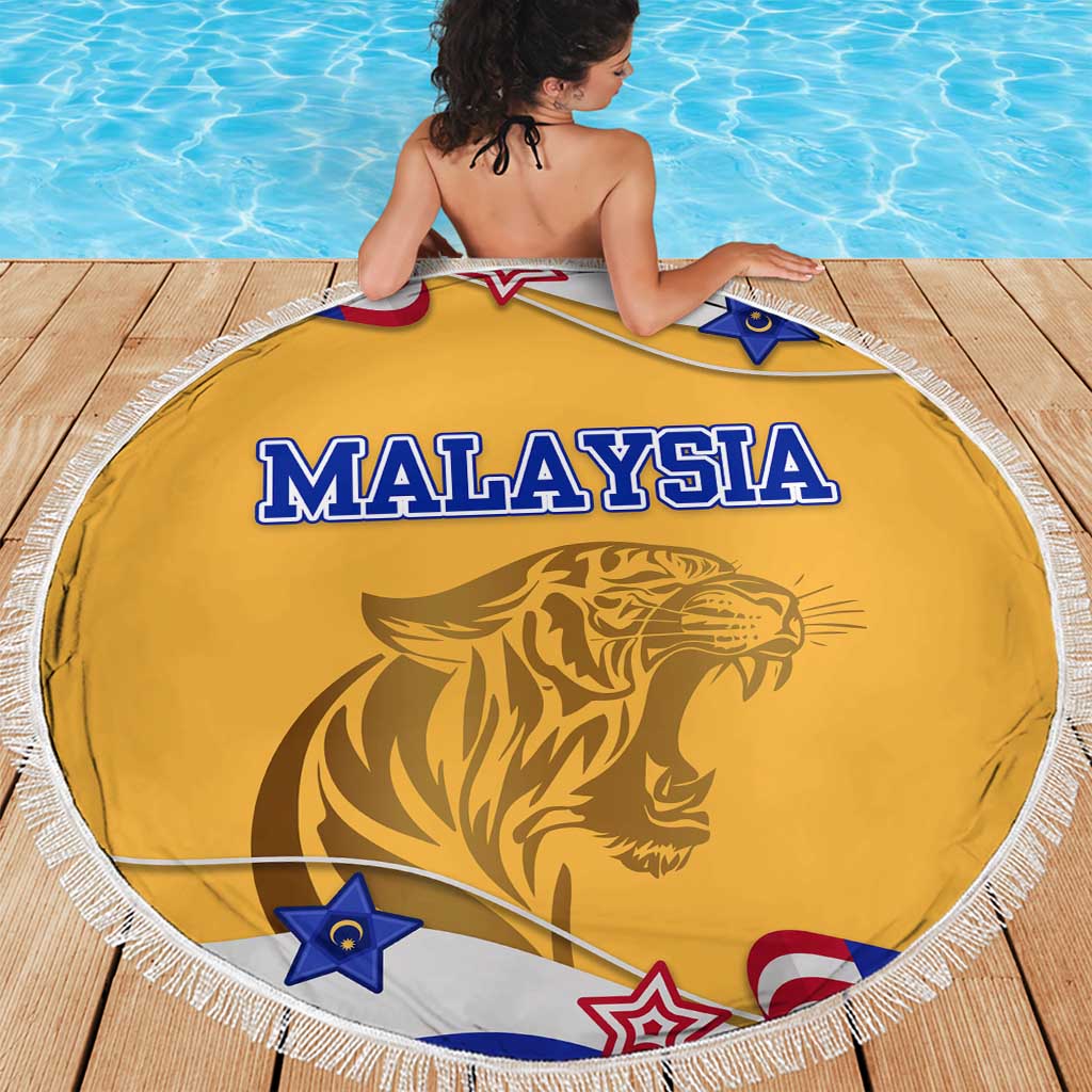 Malaysian Tiger and National Flag Beach Blanket with Royal Gold and Blue Design
