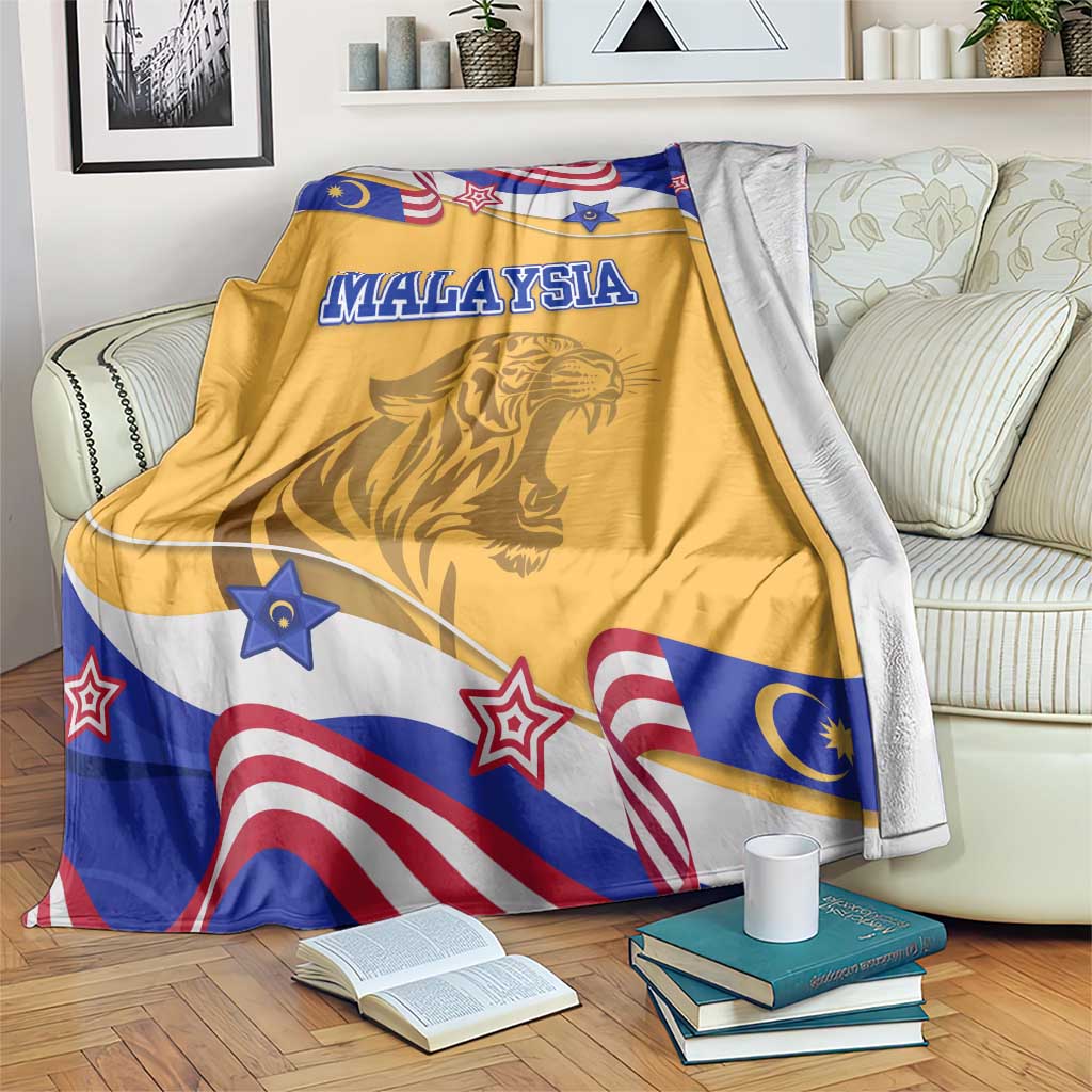 Malaysian Tiger and National Flag Blanket with Royal Gold and Blue Design