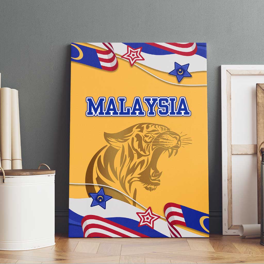 Malaysian Tiger and National Flag Canvas Wall Art with Royal Gold and Blue Design