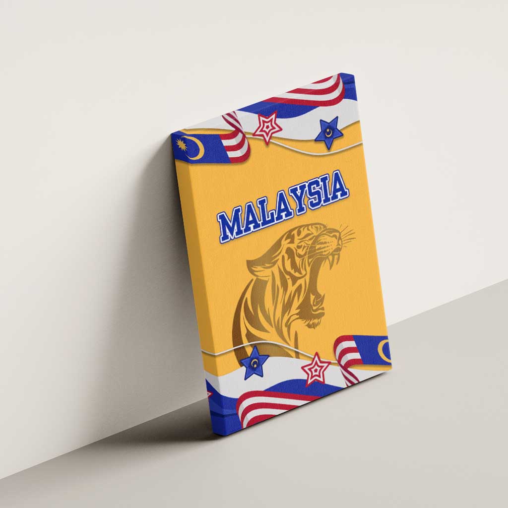 Malaysian Tiger and National Flag Canvas Wall Art with Royal Gold and Blue Design