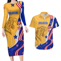 Malaysian Tiger and National Flag Couples Matching Long Sleeve Bodycon Dress and Hawaiian Shirt with Royal Gold and Blue Design