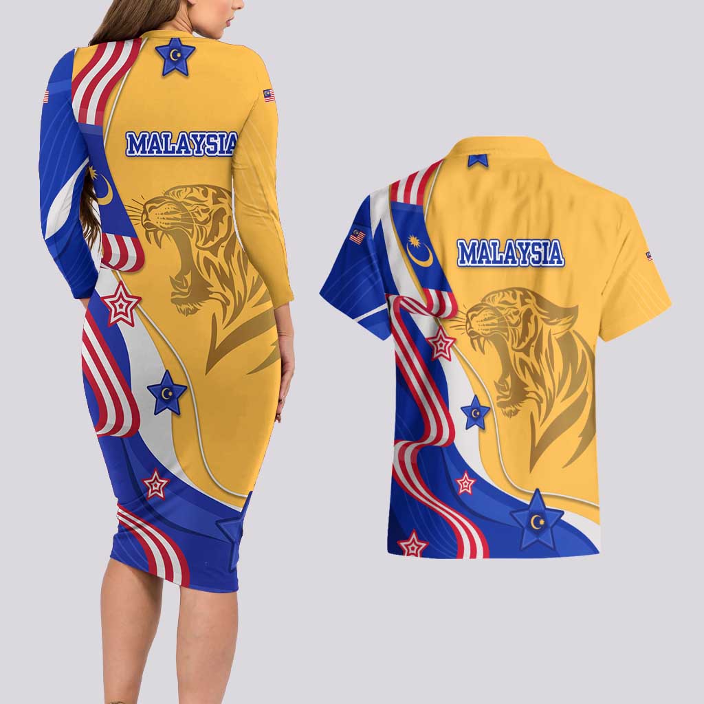 Malaysian Tiger and National Flag Couples Matching Long Sleeve Bodycon Dress and Hawaiian Shirt with Royal Gold and Blue Design