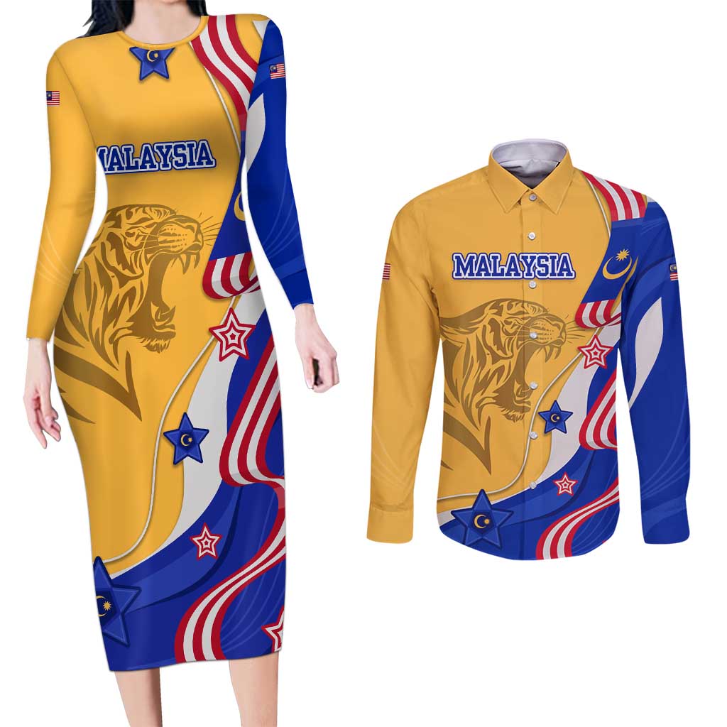 Malaysian Tiger and National Flag Couples Matching Long Sleeve Bodycon Dress and Long Sleeve Button Shirt with Royal Gold and Blue Design