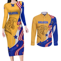 Malaysian Tiger and National Flag Couples Matching Long Sleeve Bodycon Dress and Long Sleeve Button Shirt with Royal Gold and Blue Design