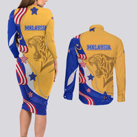 Malaysian Tiger and National Flag Couples Matching Long Sleeve Bodycon Dress and Long Sleeve Button Shirt with Royal Gold and Blue Design