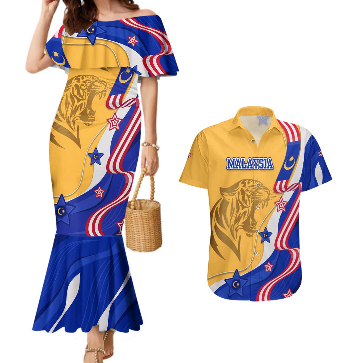 Malaysian Tiger and National Flag Couples Matching Mermaid Dress and Hawaiian Shirt with Royal Gold and Blue Design