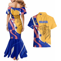 Malaysian Tiger and National Flag Couples Matching Mermaid Dress and Hawaiian Shirt with Royal Gold and Blue Design