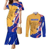 Malaysian Tiger and National Flag Couples Matching Mermaid Dress and Long Sleeve Button Shirt with Royal Gold and Blue Design