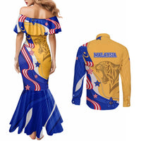 Malaysian Tiger and National Flag Couples Matching Mermaid Dress and Long Sleeve Button Shirt with Royal Gold and Blue Design