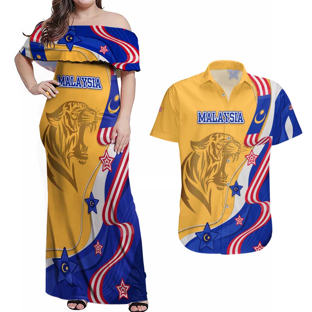 Malaysian Tiger and National Flag Couples Matching Off Shoulder Maxi Dress and Hawaiian Shirt with Royal Gold and Blue Design