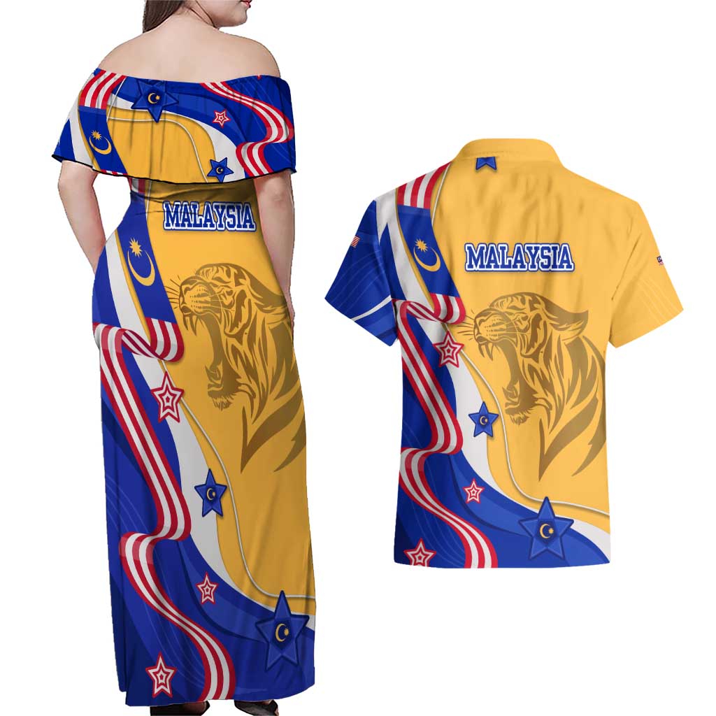 Malaysian Tiger and National Flag Couples Matching Off Shoulder Maxi Dress and Hawaiian Shirt with Royal Gold and Blue Design