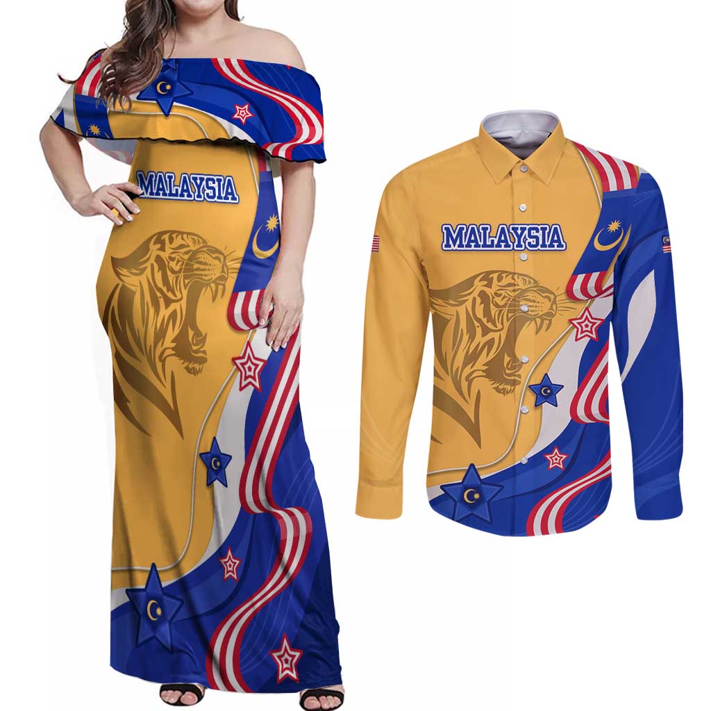 Malaysian Tiger and National Flag Couples Matching Off Shoulder Maxi Dress and Long Sleeve Button Shirt with Royal Gold and Blue Design