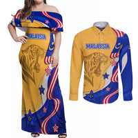 Malaysian Tiger and National Flag Couples Matching Off Shoulder Maxi Dress and Long Sleeve Button Shirt with Royal Gold and Blue Design