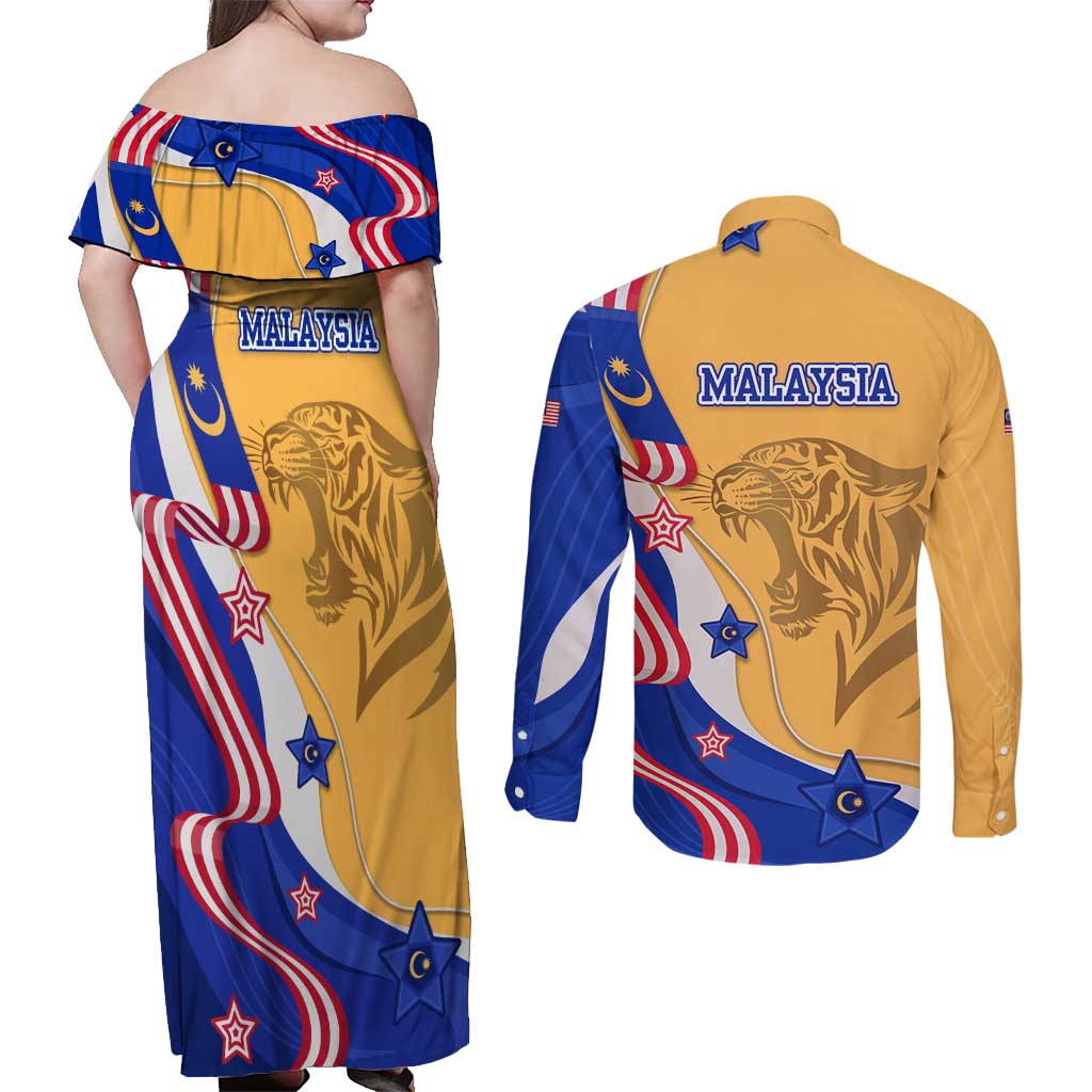 Malaysian Tiger and National Flag Couples Matching Off Shoulder Maxi Dress and Long Sleeve Button Shirt with Royal Gold and Blue Design