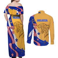 Malaysian Tiger and National Flag Couples Matching Off Shoulder Maxi Dress and Long Sleeve Button Shirt with Royal Gold and Blue Design