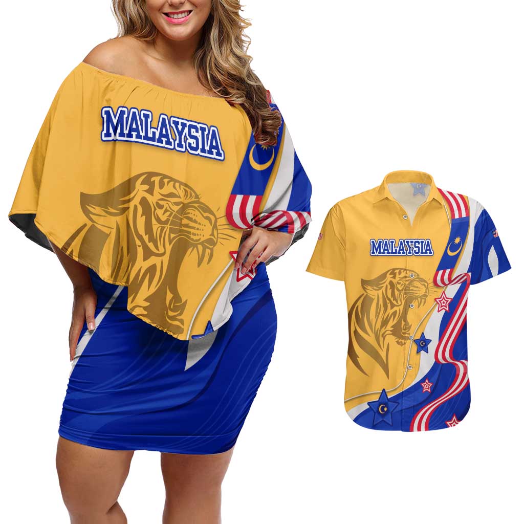 Malaysian Tiger and National Flag Couples Matching Off Shoulder Short Dress and Hawaiian Shirt with Royal Gold and Blue Design