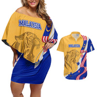 Malaysian Tiger and National Flag Couples Matching Off Shoulder Short Dress and Hawaiian Shirt with Royal Gold and Blue Design