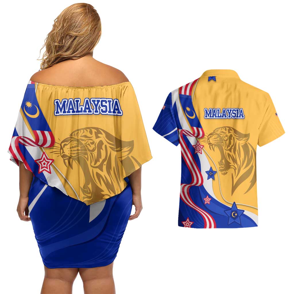 Malaysian Tiger and National Flag Couples Matching Off Shoulder Short Dress and Hawaiian Shirt with Royal Gold and Blue Design