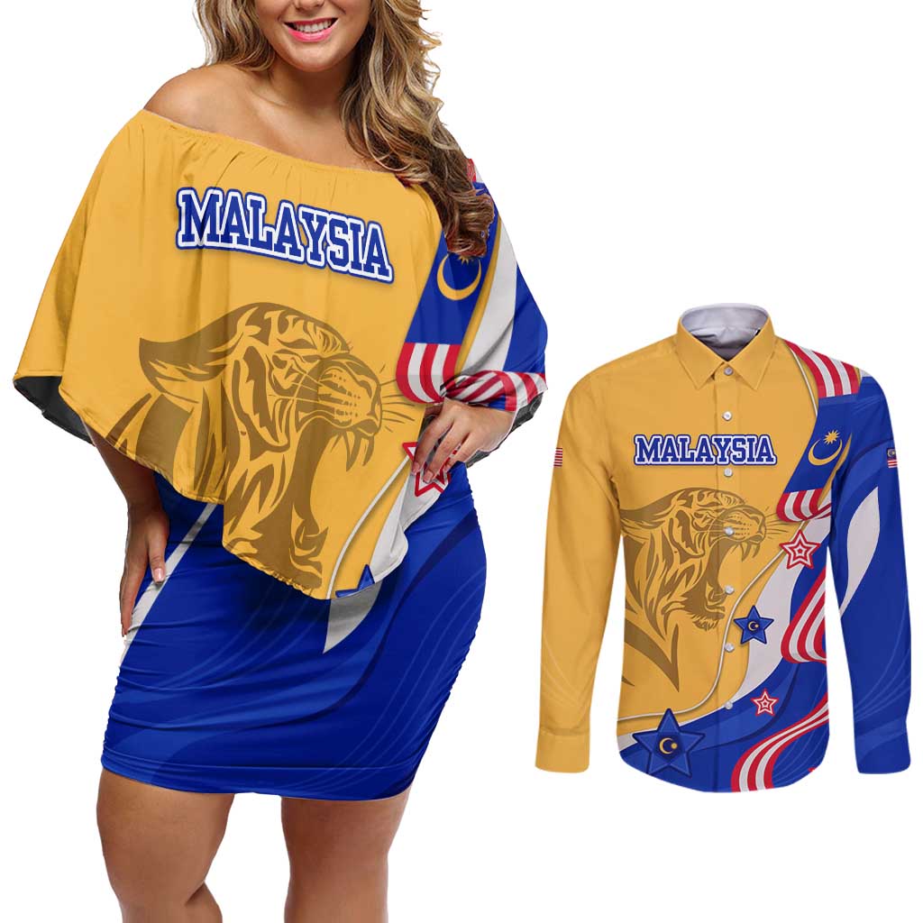 Malaysian Tiger and National Flag Couples Matching Off Shoulder Short Dress and Long Sleeve Button Shirt with Royal Gold and Blue Design