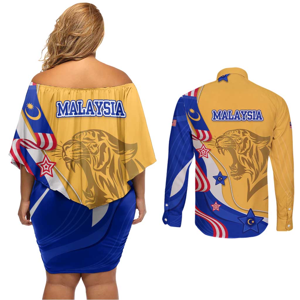 Malaysian Tiger and National Flag Couples Matching Off Shoulder Short Dress and Long Sleeve Button Shirt with Royal Gold and Blue Design