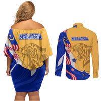 Malaysian Tiger and National Flag Couples Matching Off Shoulder Short Dress and Long Sleeve Button Shirt with Royal Gold and Blue Design
