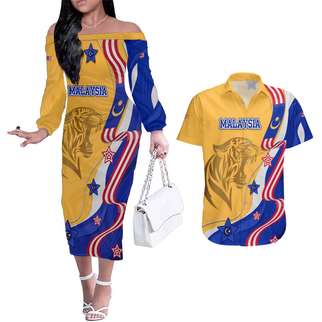 Malaysian Tiger and National Flag Couples Matching Off The Shoulder Long Sleeve Dress and Hawaiian Shirt with Royal Gold and Blue Design