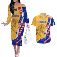 Malaysian Tiger and National Flag Couples Matching Off The Shoulder Long Sleeve Dress and Hawaiian Shirt with Royal Gold and Blue Design