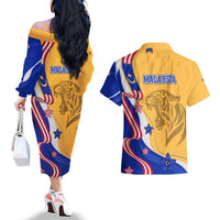 Malaysian Tiger and National Flag Couples Matching Off The Shoulder Long Sleeve Dress and Hawaiian Shirt with Royal Gold and Blue Design
