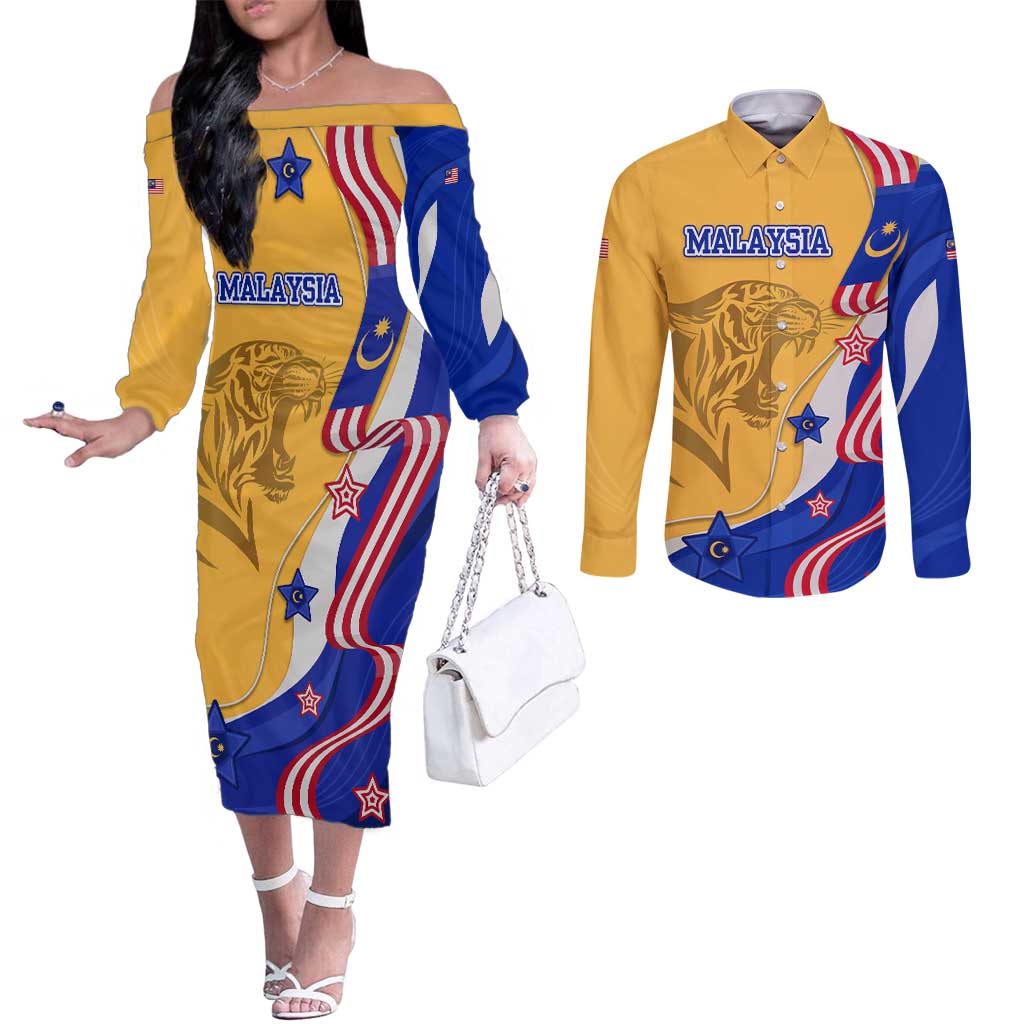Malaysian Tiger and National Flag Couples Matching Off The Shoulder Long Sleeve Dress and Long Sleeve Button Shirt with Royal Gold and Blue Design