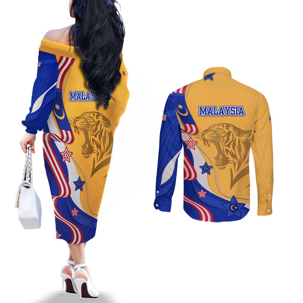 Malaysian Tiger and National Flag Couples Matching Off The Shoulder Long Sleeve Dress and Long Sleeve Button Shirt with Royal Gold and Blue Design