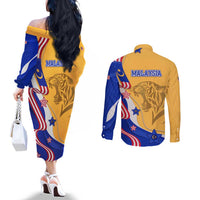 Malaysian Tiger and National Flag Couples Matching Off The Shoulder Long Sleeve Dress and Long Sleeve Button Shirt with Royal Gold and Blue Design
