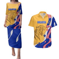 Malaysian Tiger and National Flag Couples Matching Puletasi and Hawaiian Shirt with Royal Gold and Blue Design