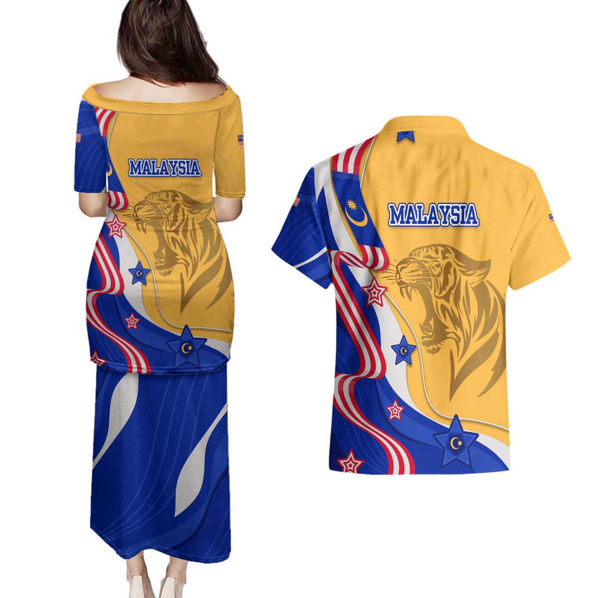 Malaysian Tiger and National Flag Couples Matching Puletasi and Hawaiian Shirt with Royal Gold and Blue Design
