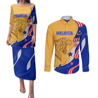 Malaysian Tiger and National Flag Couples Matching Puletasi and Long Sleeve Button Shirt with Royal Gold and Blue Design