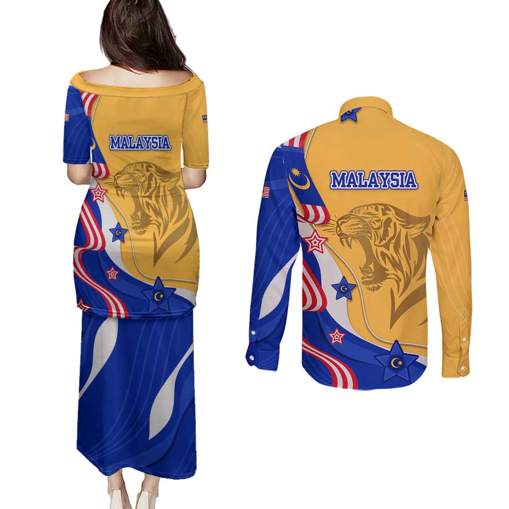 Malaysian Tiger and National Flag Couples Matching Puletasi and Long Sleeve Button Shirt with Royal Gold and Blue Design