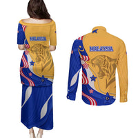 Malaysian Tiger and National Flag Couples Matching Puletasi and Long Sleeve Button Shirt with Royal Gold and Blue Design