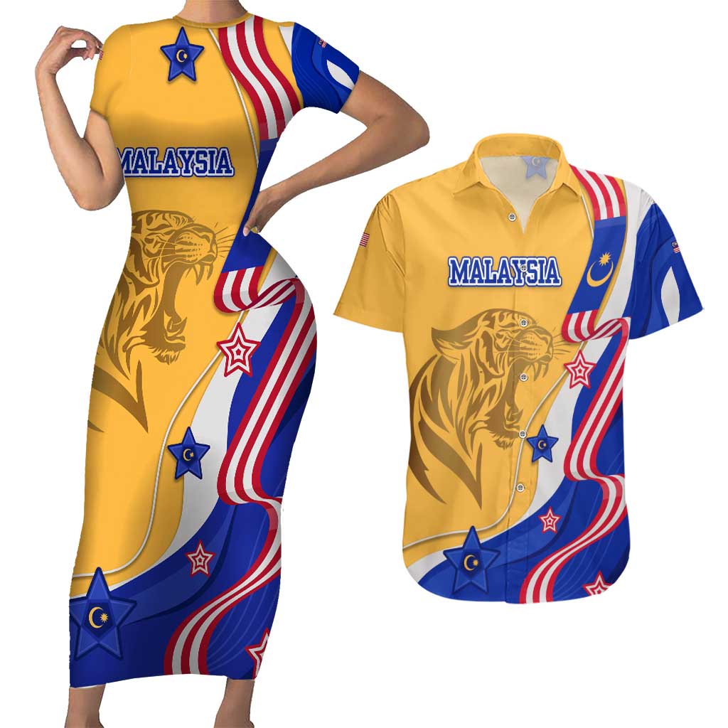 Malaysian Tiger and National Flag Couples Matching Short Sleeve Bodycon Dress and Hawaiian Shirt with Royal Gold and Blue Design