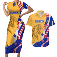 Malaysian Tiger and National Flag Couples Matching Short Sleeve Bodycon Dress and Hawaiian Shirt with Royal Gold and Blue Design