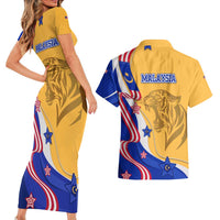 Malaysian Tiger and National Flag Couples Matching Short Sleeve Bodycon Dress and Hawaiian Shirt with Royal Gold and Blue Design