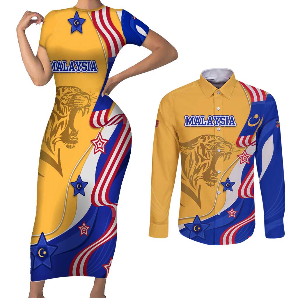 Malaysian Tiger and National Flag Couples Matching Short Sleeve Bodycon Dress and Long Sleeve Button Shirt with Royal Gold and Blue Design