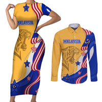 Malaysian Tiger and National Flag Couples Matching Short Sleeve Bodycon Dress and Long Sleeve Button Shirt with Royal Gold and Blue Design