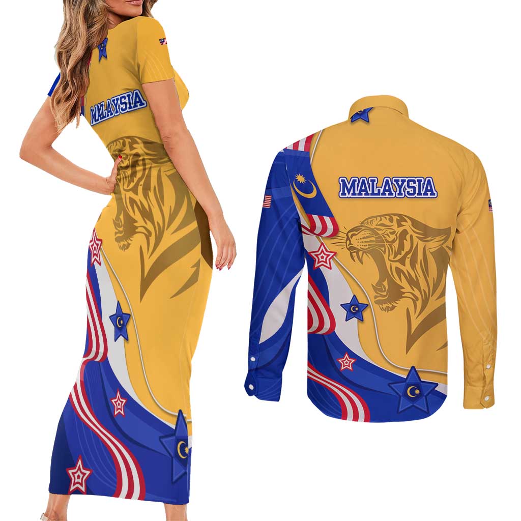 Malaysian Tiger and National Flag Couples Matching Short Sleeve Bodycon Dress and Long Sleeve Button Shirt with Royal Gold and Blue Design